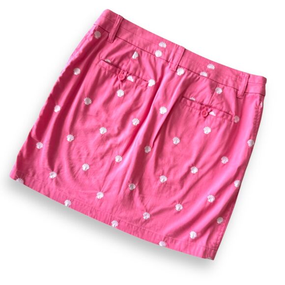 British Khaki Seashell Pattern Embroidered Pink Mini Skirt Wm Sz 8 Pockets EUC - Picture 2 of 7